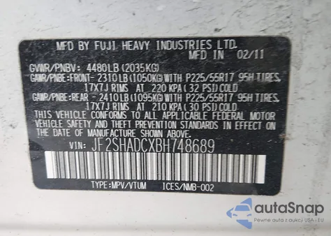 2011 Subaru Forester 2.5X Premium из США, поврежденный, VIN JF2SHADCXBH748689